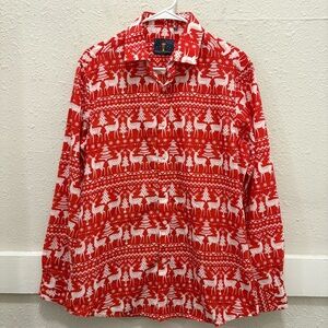 Simon Banks Red and White Christmas Reindeer Button Down Shirt Medium